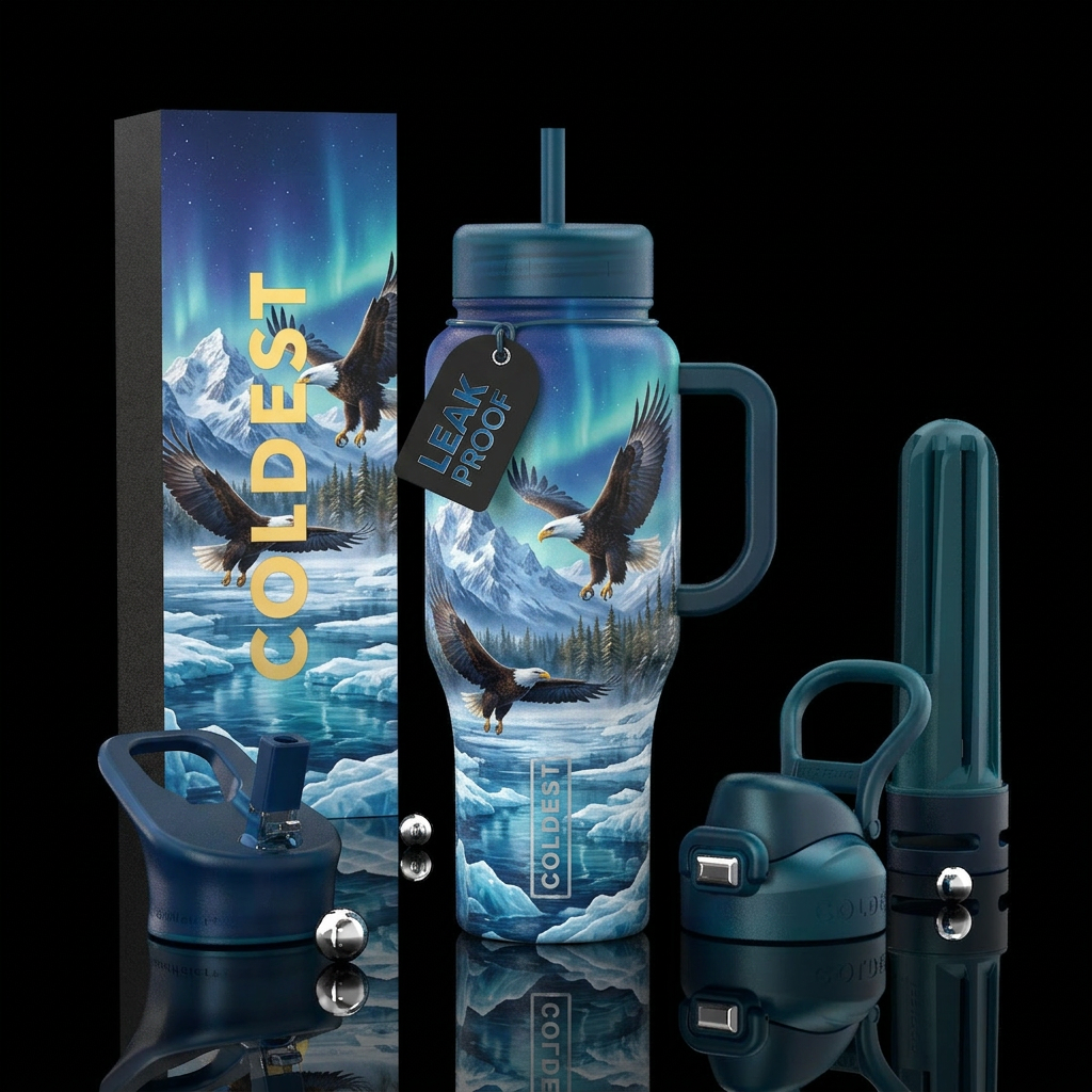 Majestic eagles flying over icy waters with wilder... water bottle design