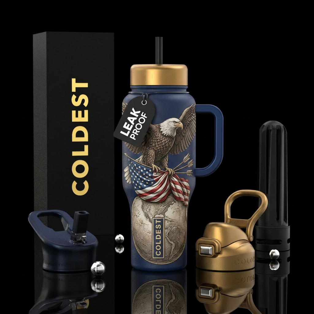 Eagle resting on top of a globe clutching an ameri... water bottle design