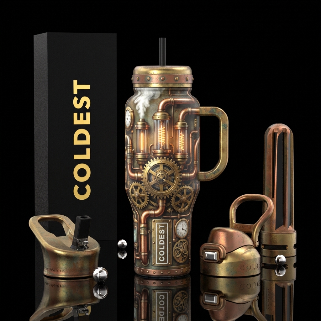 steampunk rube goldberg machine water bottle design