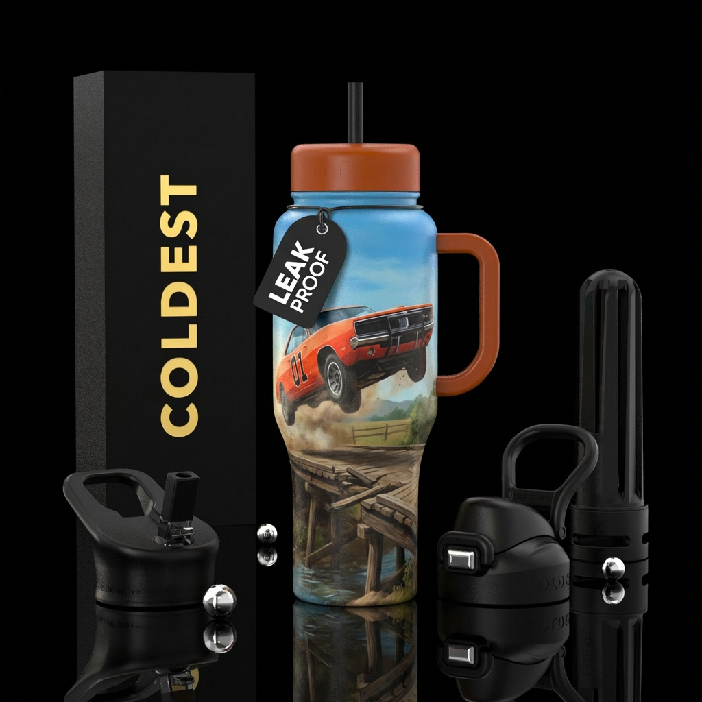 the general lee jumping a broken bridge water bottle design