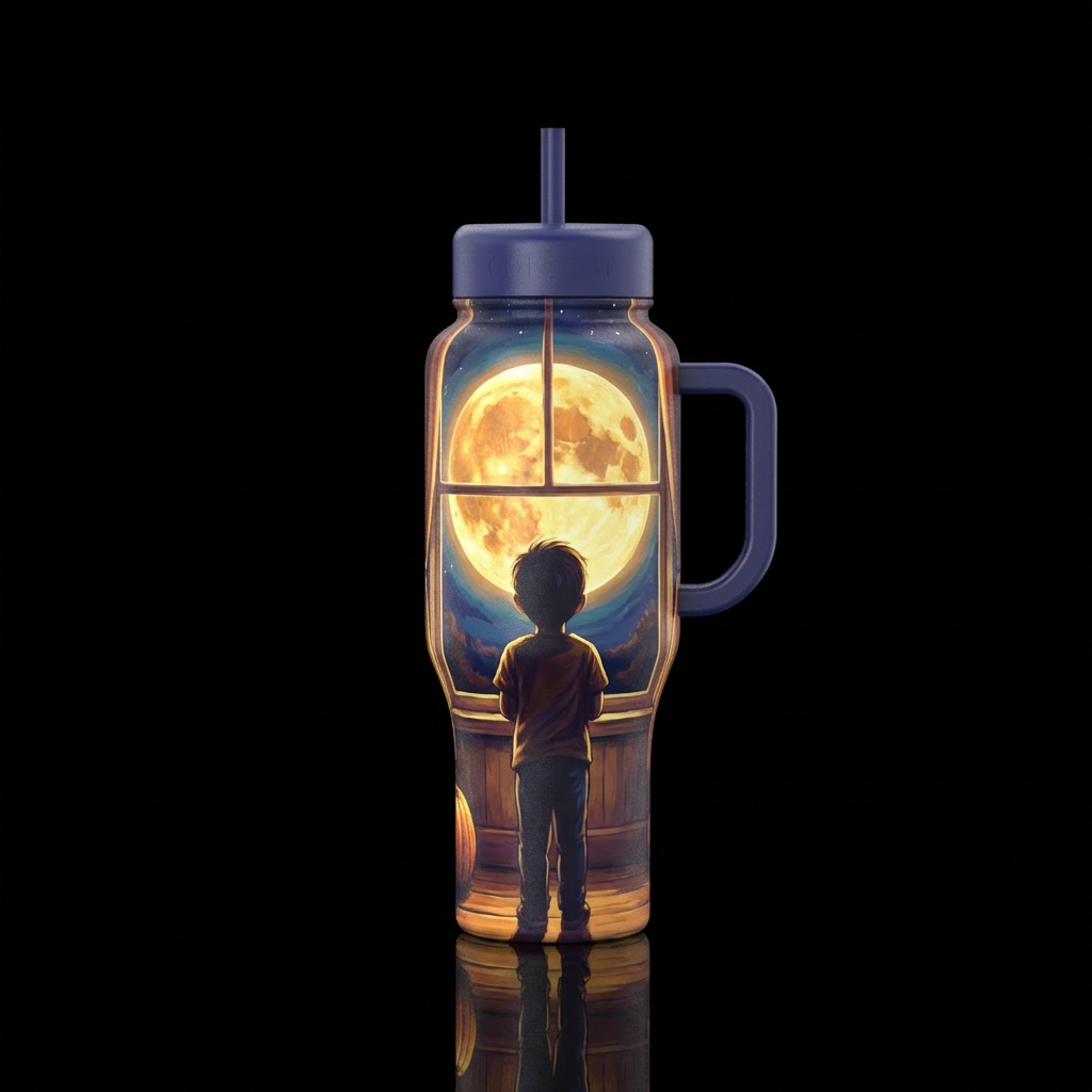 child viewing harvest moon thru window water bottle design