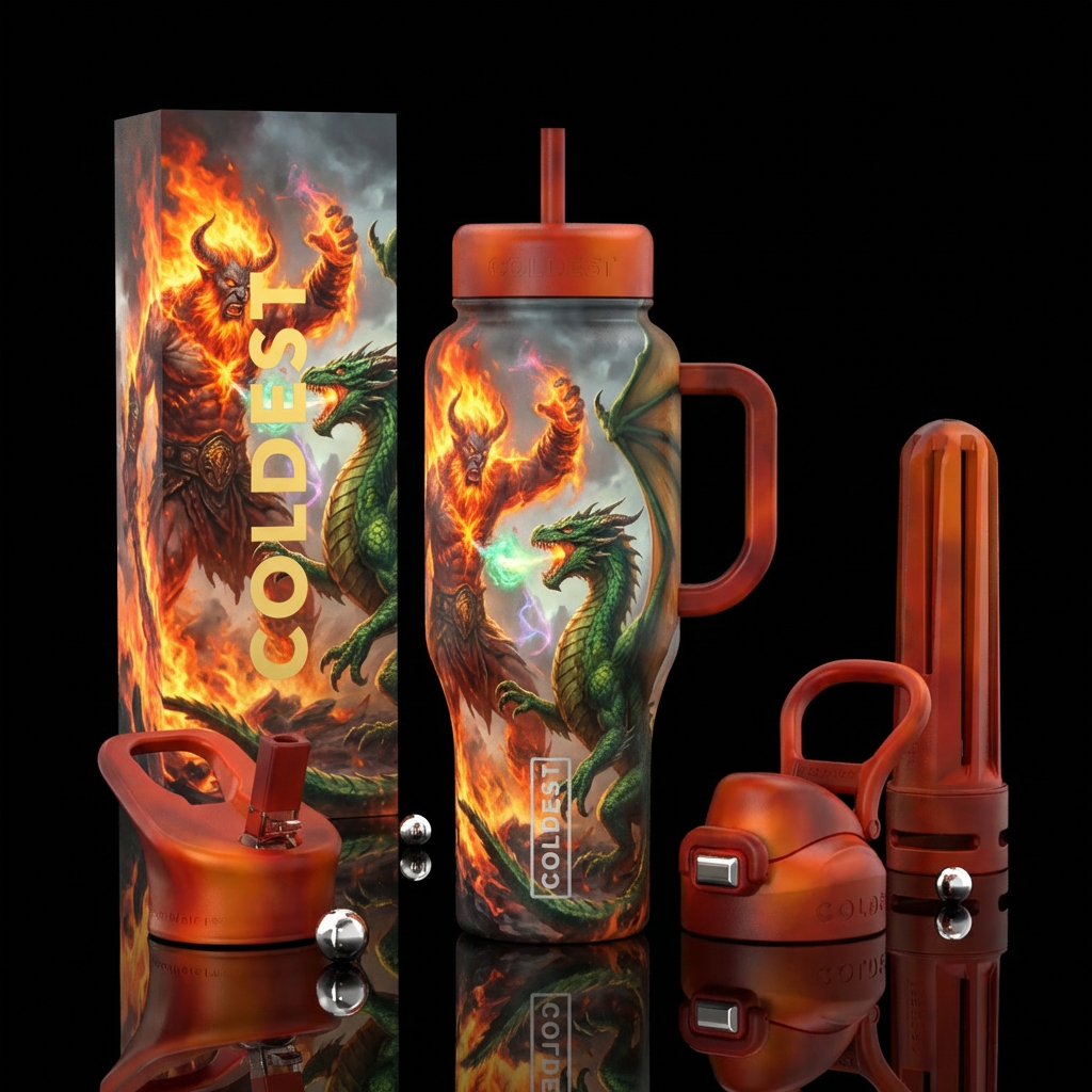Fire giant vs. green dragon water bottle design