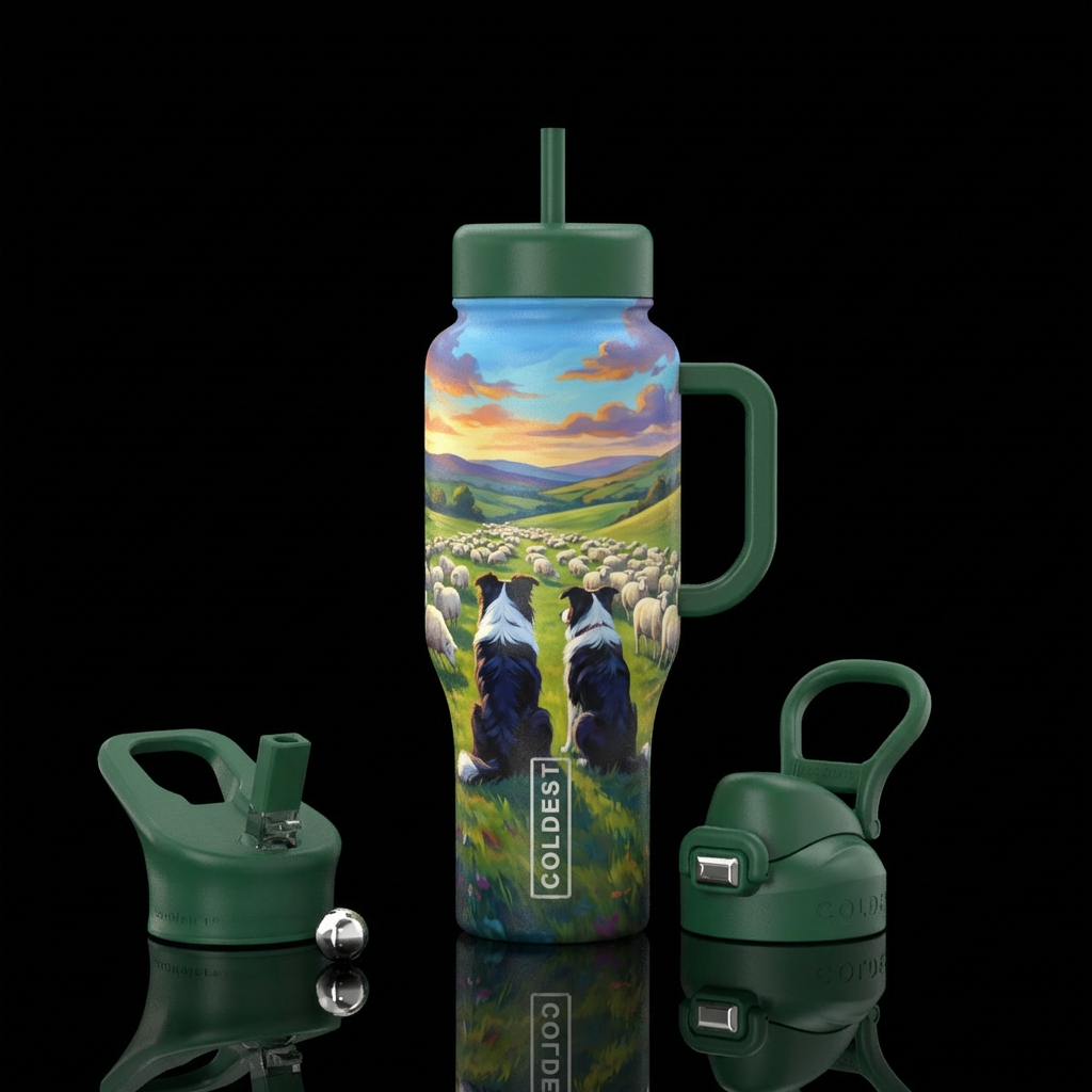 two dogs on hill observing herd of sheep water bottle design