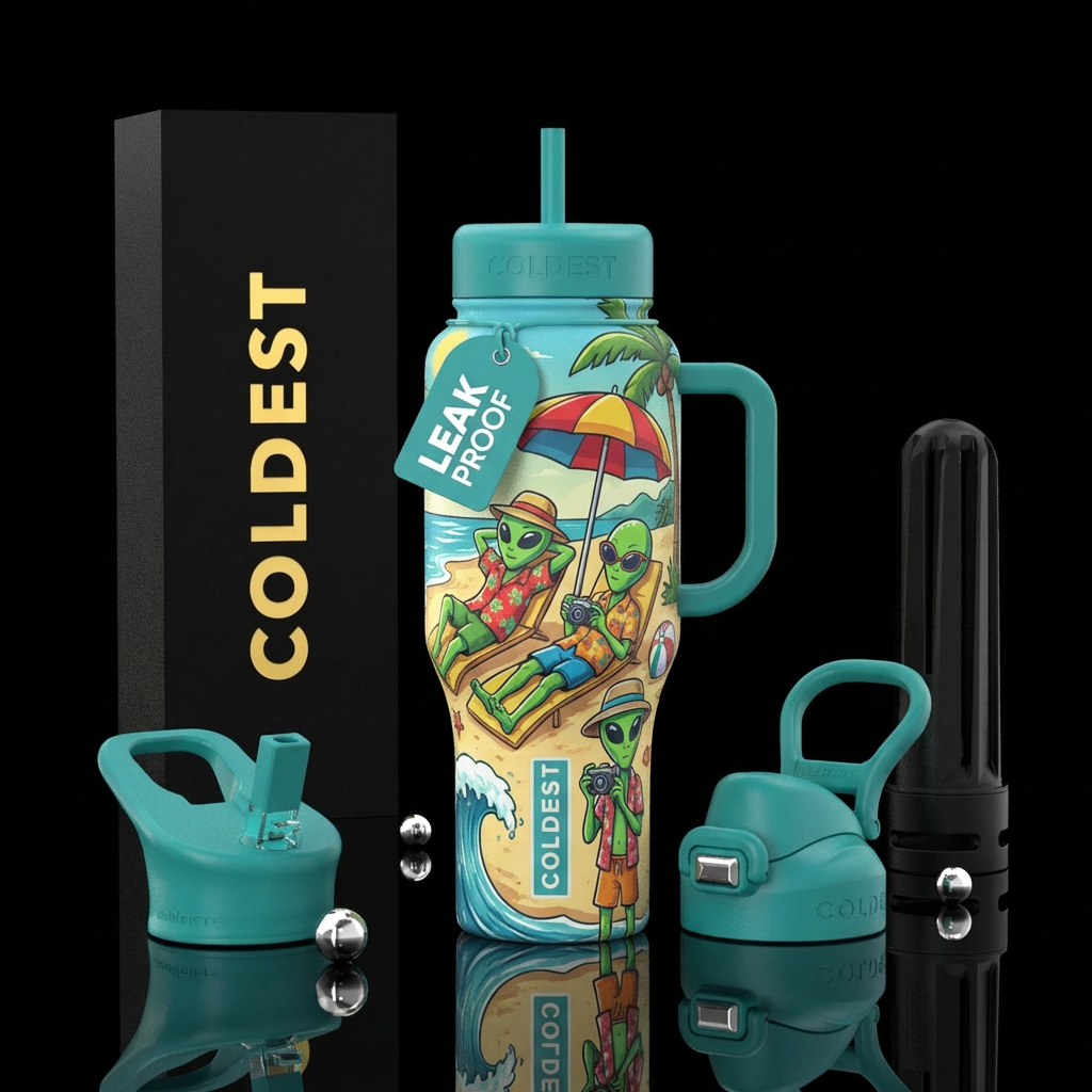Aliens on the beach trying to look like human tour... water bottle design