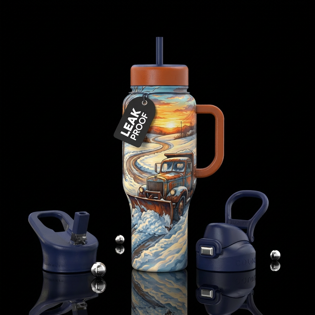 old snowplow on a country road water bottle design