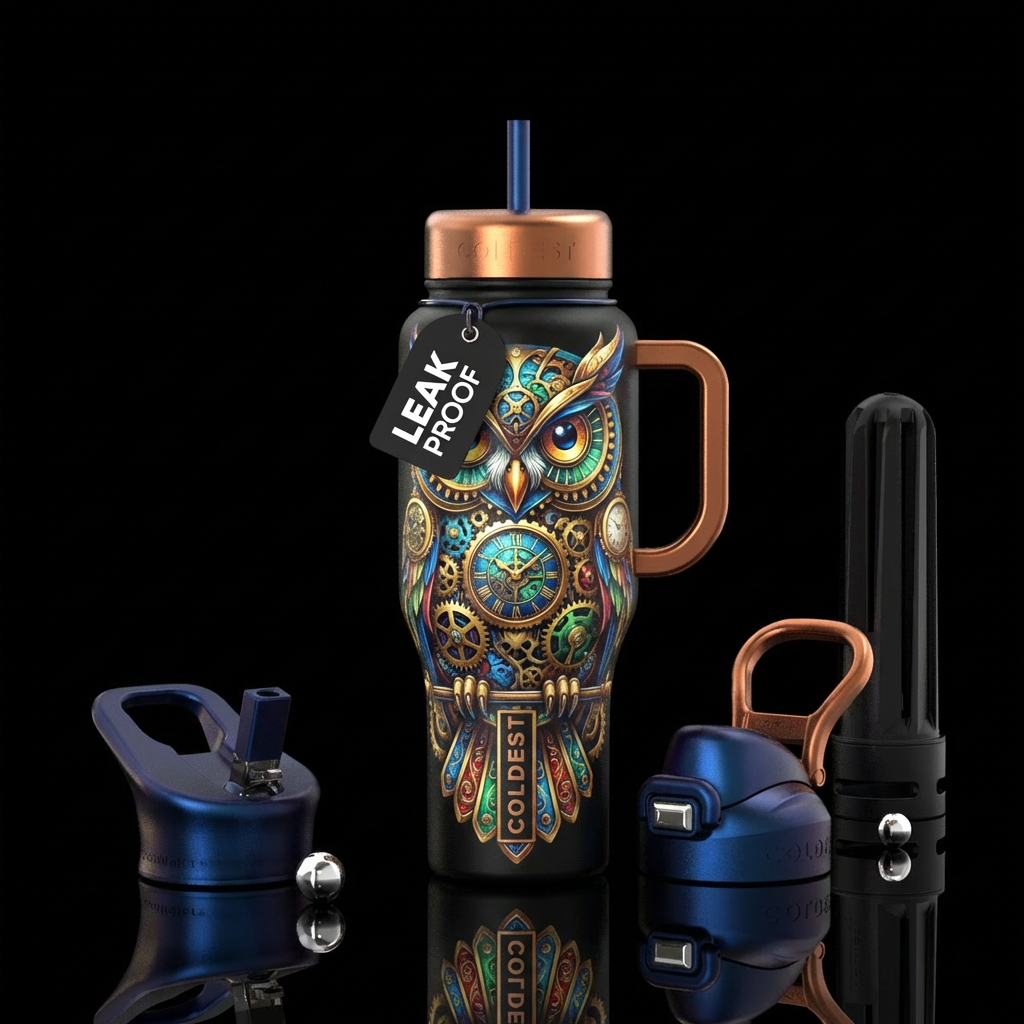 clockwork owl water bottle design
