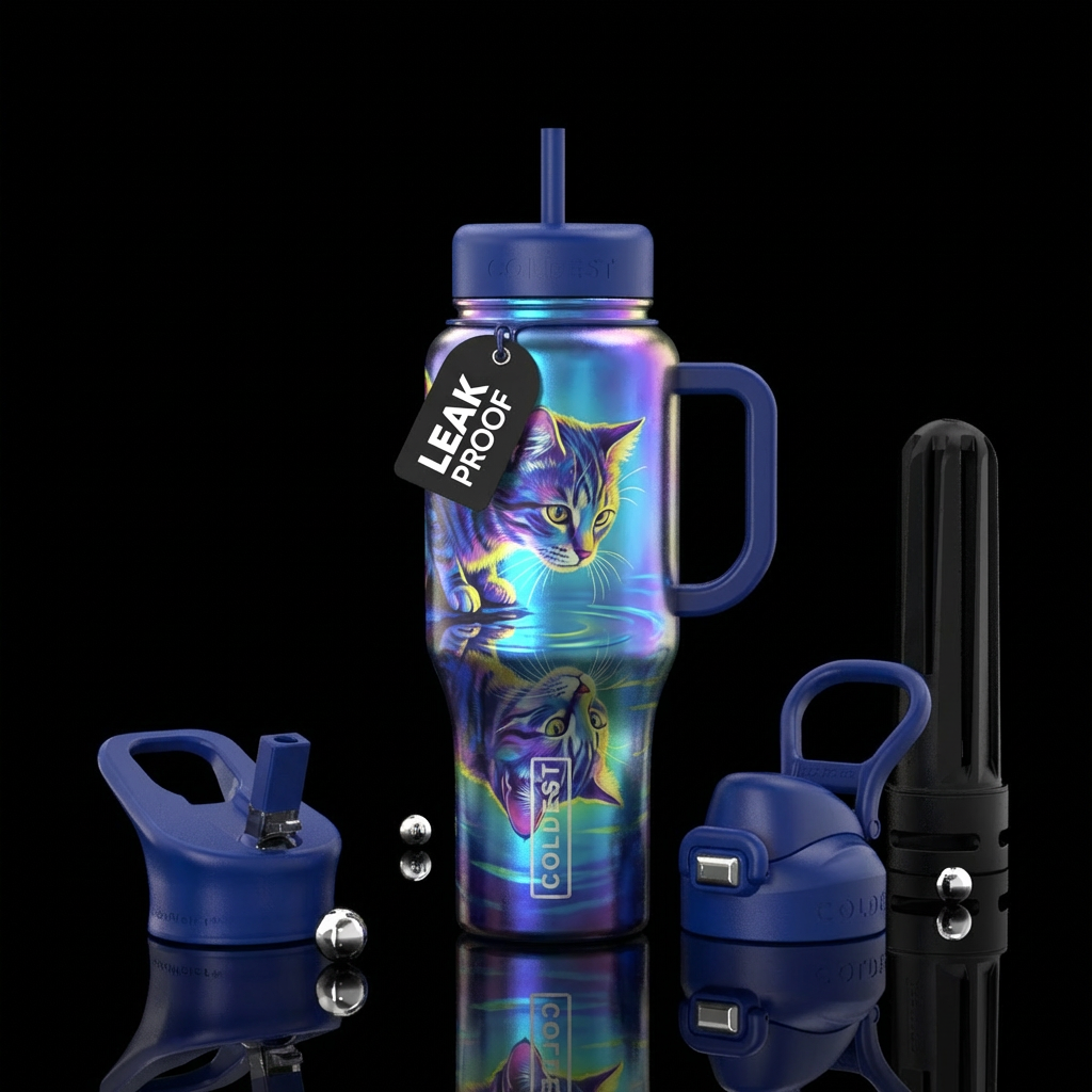 cat looking at its reflection water bottle design