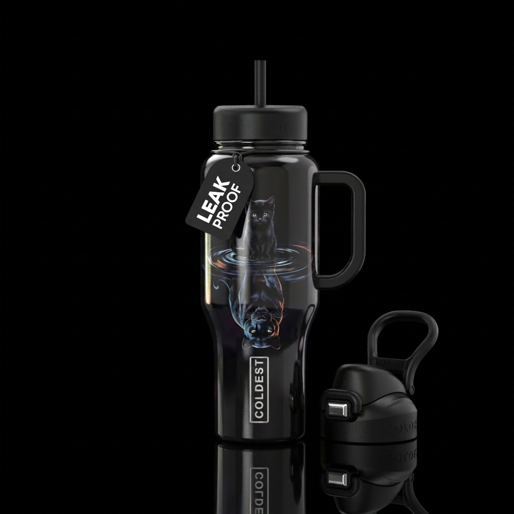 small black cat with panther reflection water bottle design