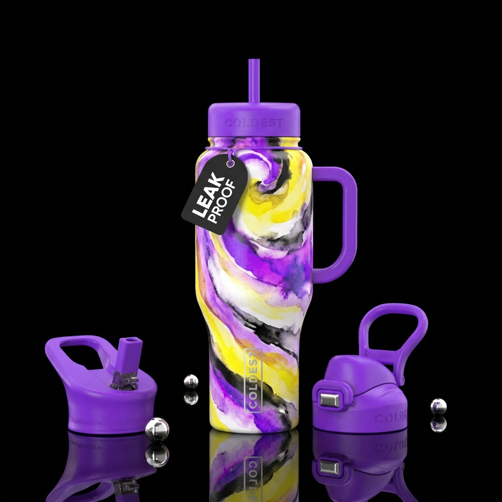 swirls, watercolor, electric purple yellow white a... water bottle design