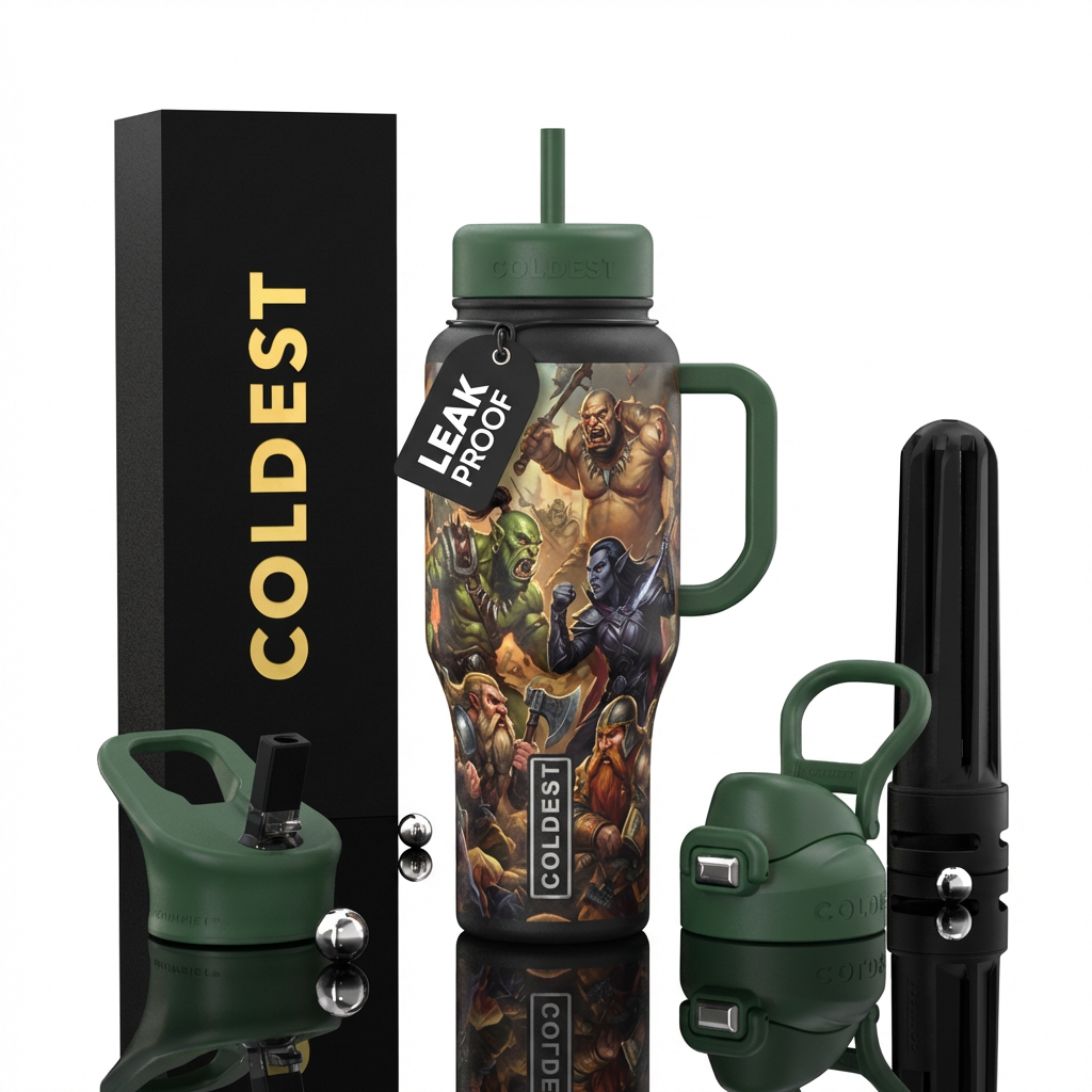 orks, ogres and dark elves against dwarves water bottle design