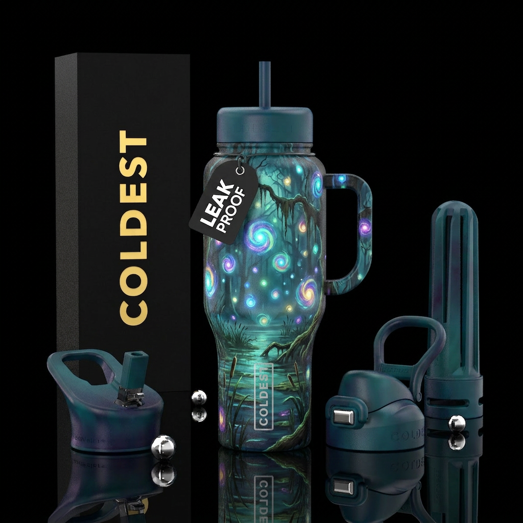 nighttime swamp wil-o'-the-whisp water bottle design