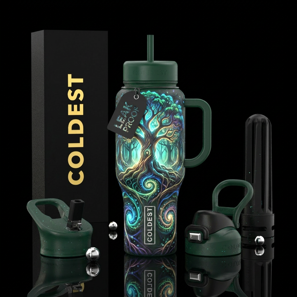 mythical, trees, glowie, magical, spirals water bottle design