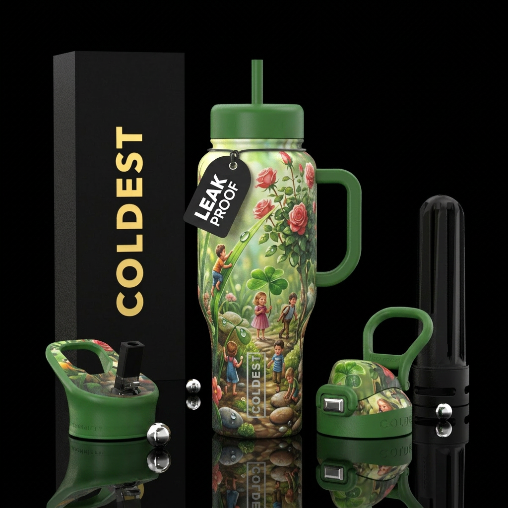 shrunken kids in a garden water bottle design