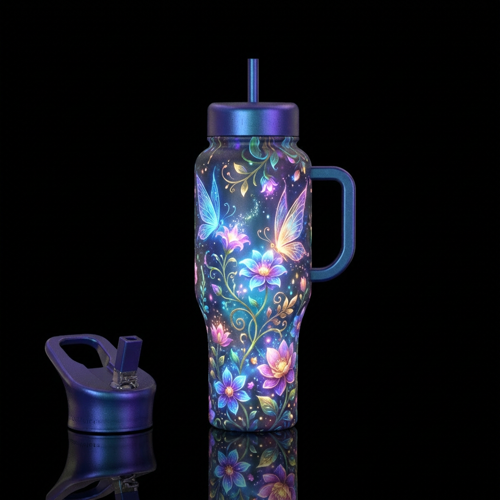 Whimsical, fairy, glowing, flowers water bottle design