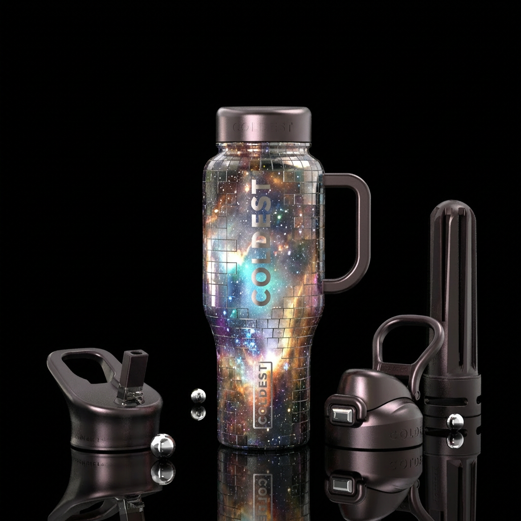 Glowing, mosaic,, metallic, space water bottle design