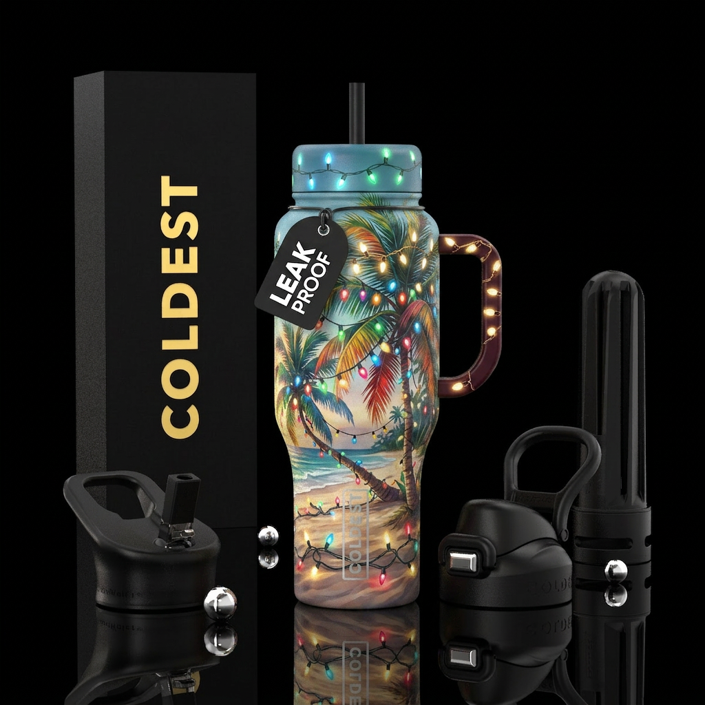 Beach, Palm trees, Christmas lights water bottle design