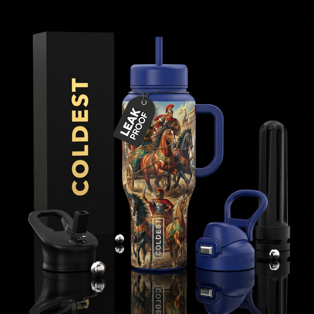 Chariot, warrior, horses water bottle design
