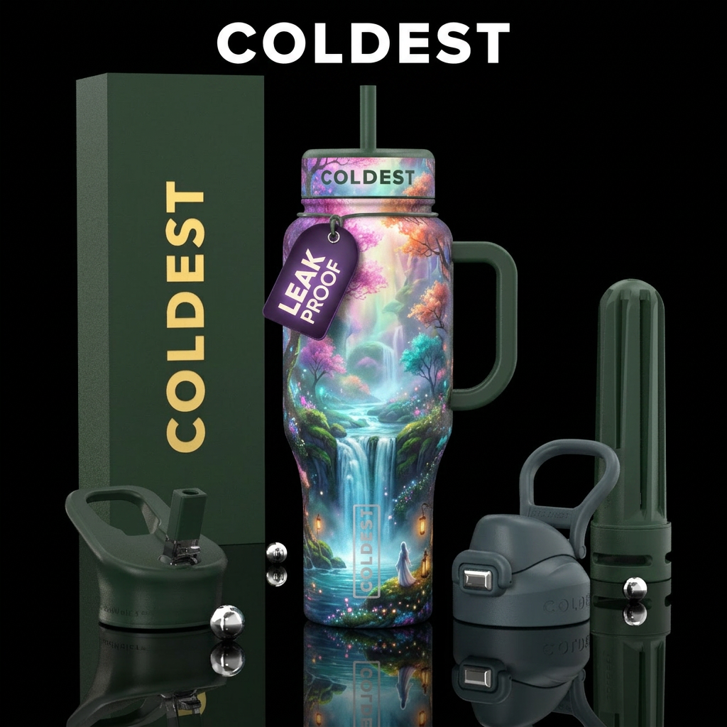 fantasy landscape featuring cascading crystal-clea... water bottle design