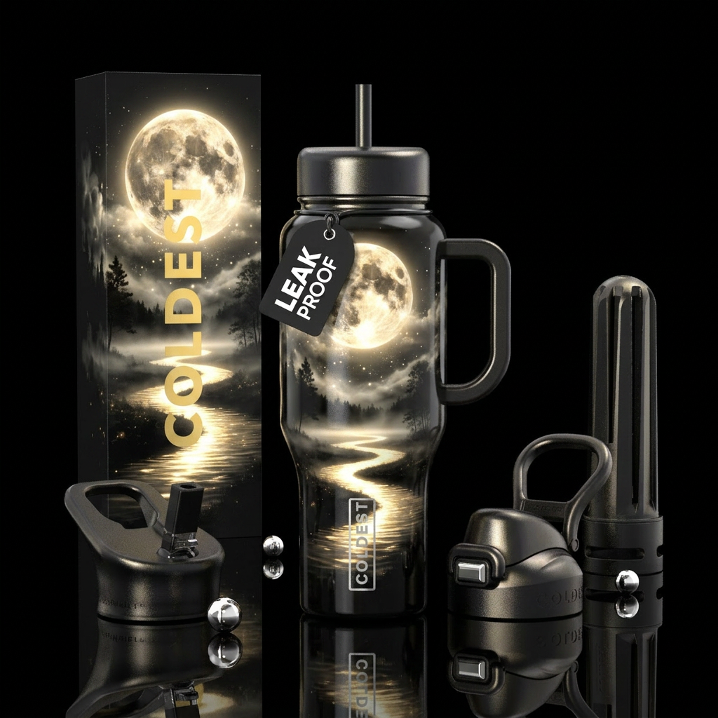 a dramatic mystical nightscape wrapped around the ... water bottle design