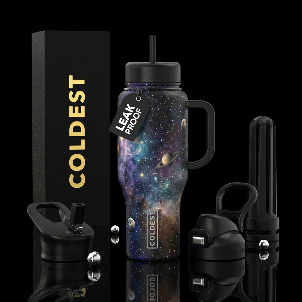 Space, planets, stars, water bottle design