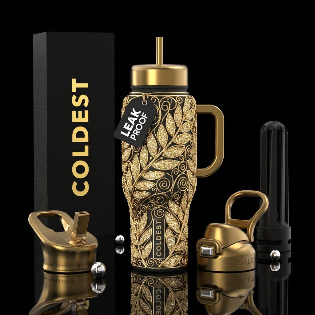Gold leaves,, sparkly, spirals, metalwork water bottle design