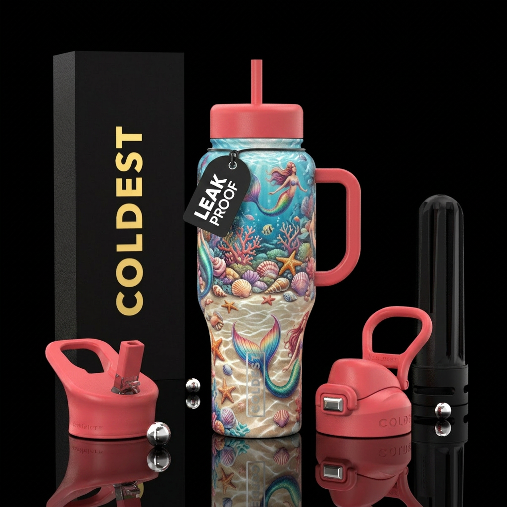 Mermaids, seashells, beach water bottle design