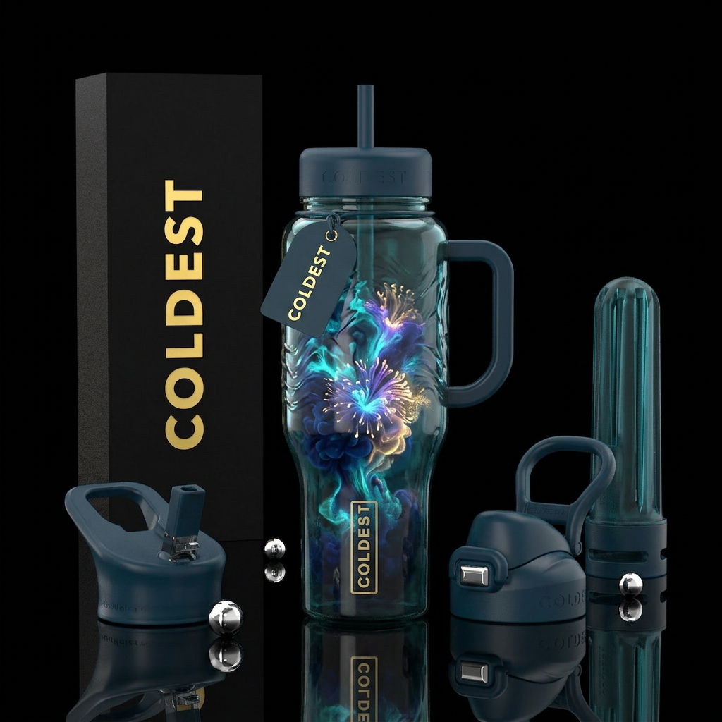 deep ocean glass texture. Inside the bottle, a lum... water bottle design