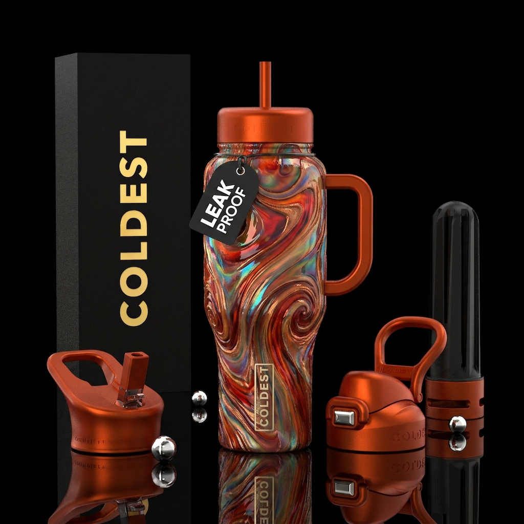 shiny, whimsical, artistic, firery, swirls, beauti... water bottle design