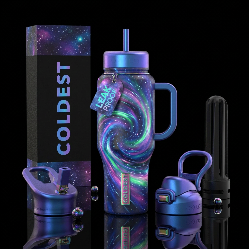 hyperspace, space, glow,, irridescent water bottle design