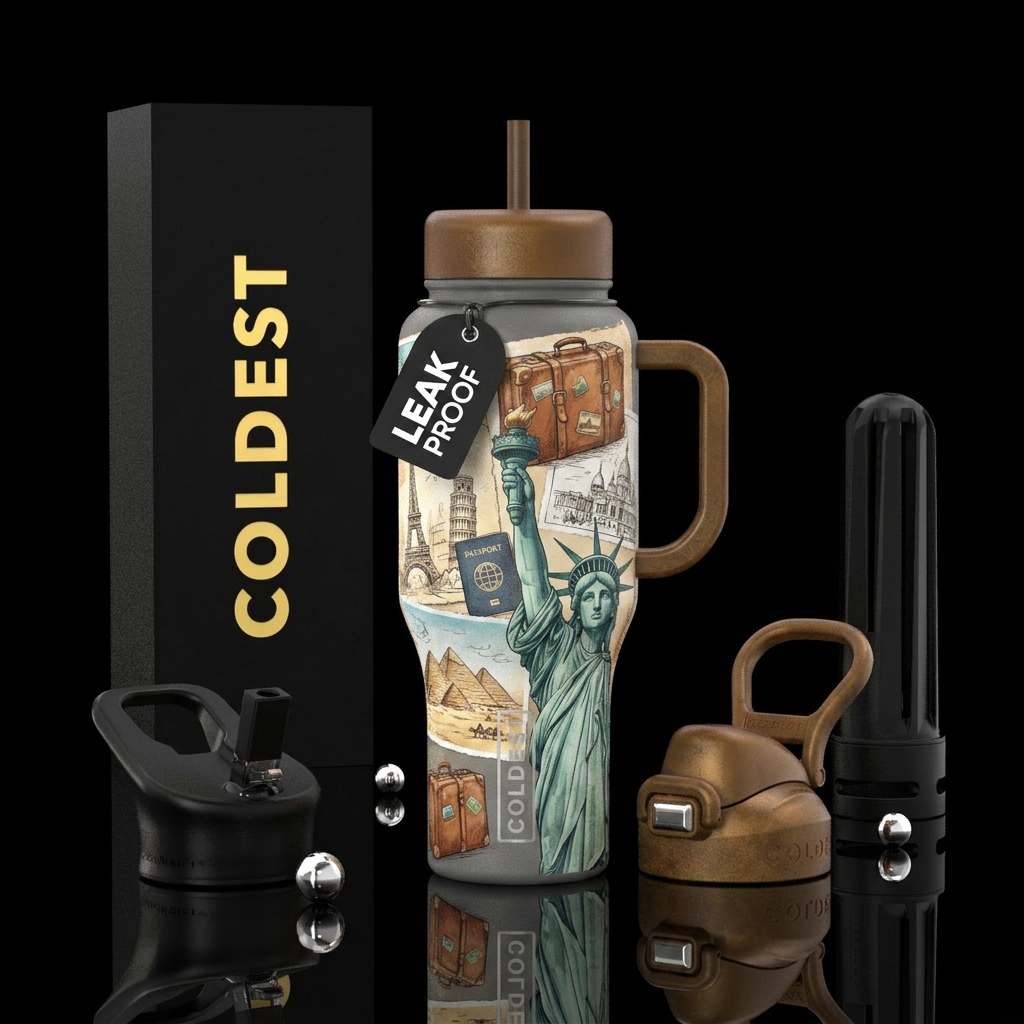 Travel, suitcase, Statue of Liberty, vacation water bottle design