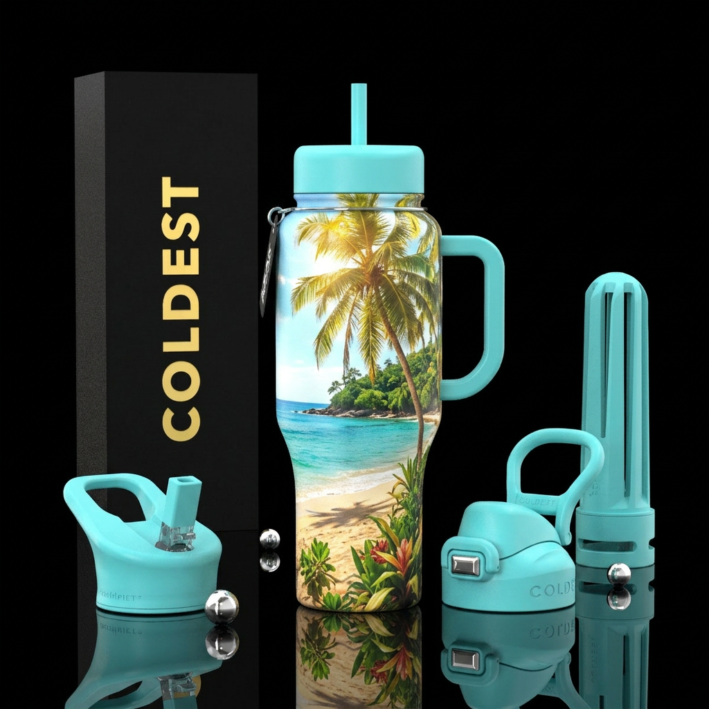Tropical, island, beach water bottle design