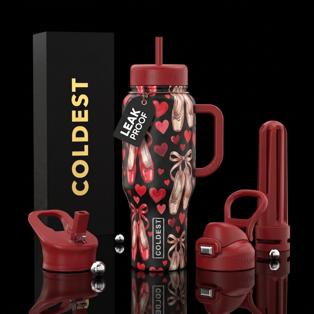 Ballet slippers, red hearts water bottle design