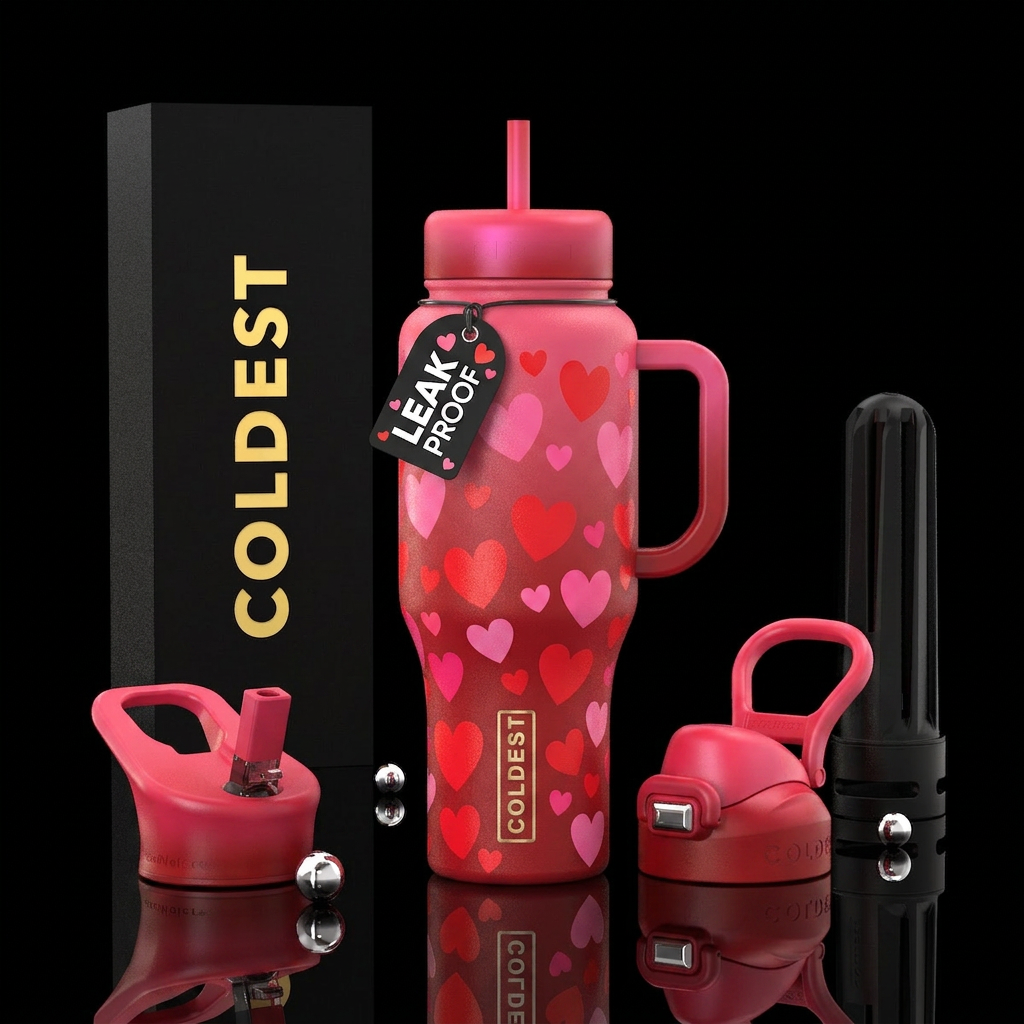 Red and pink hearts water bottle design