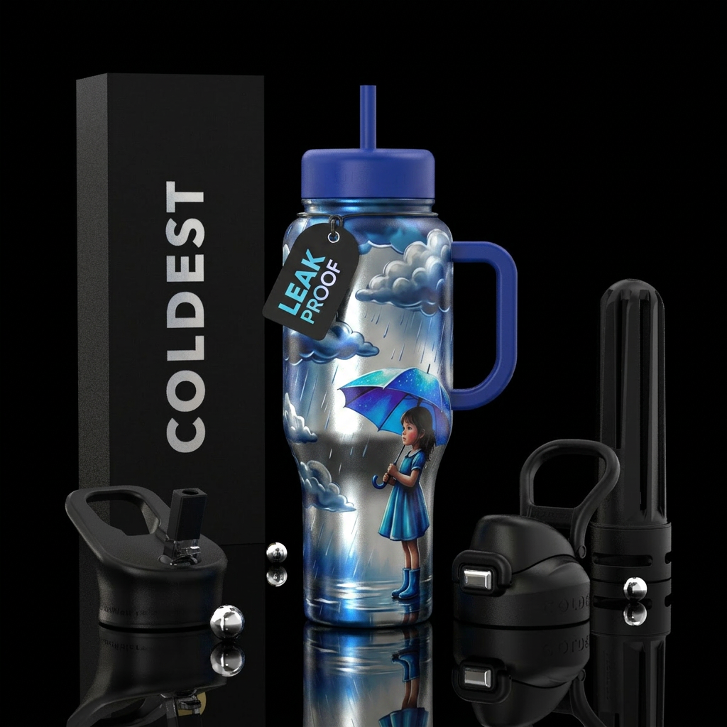 Rain clouds girl holding umbrella water bottle design