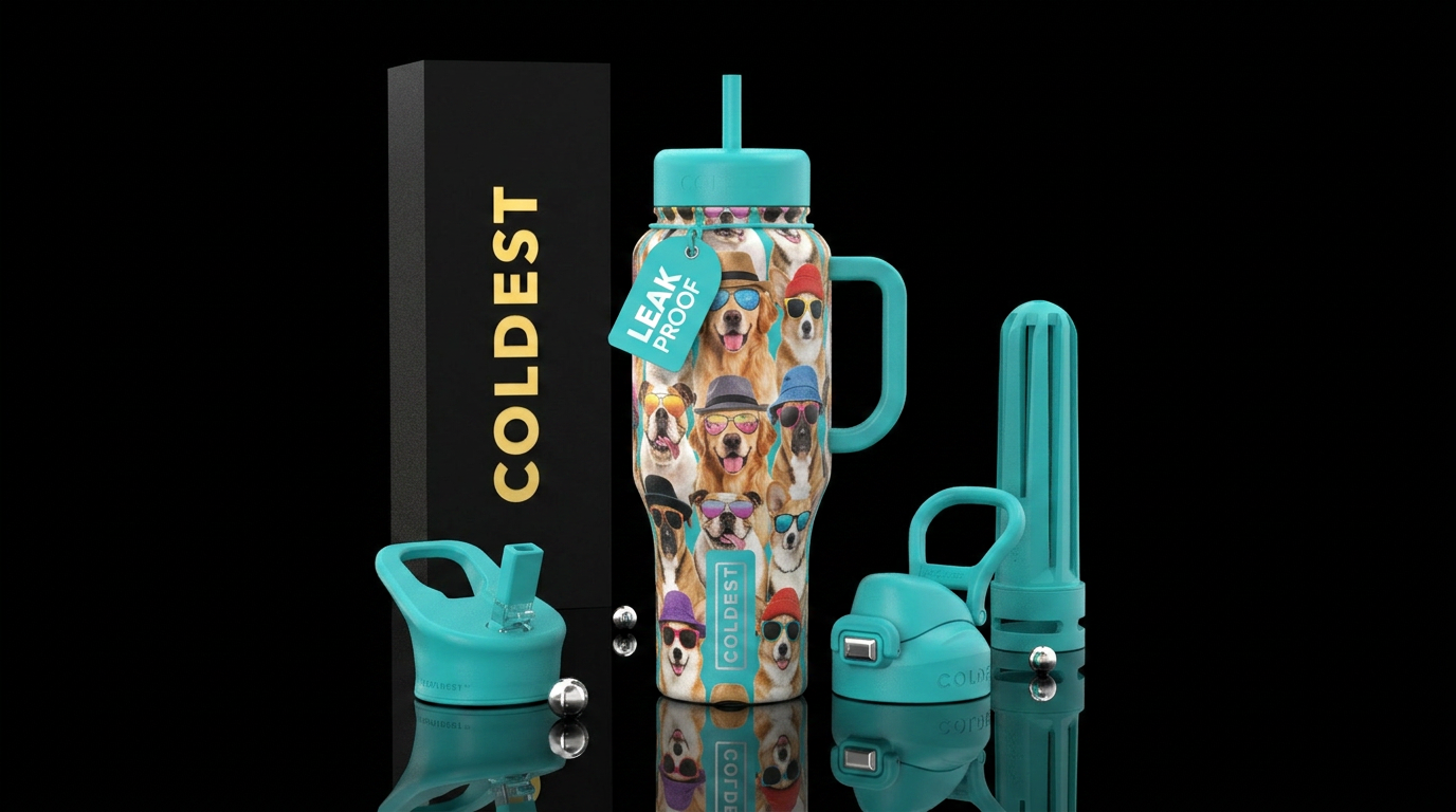 Dogs wearing sunglasses and hats water bottle design