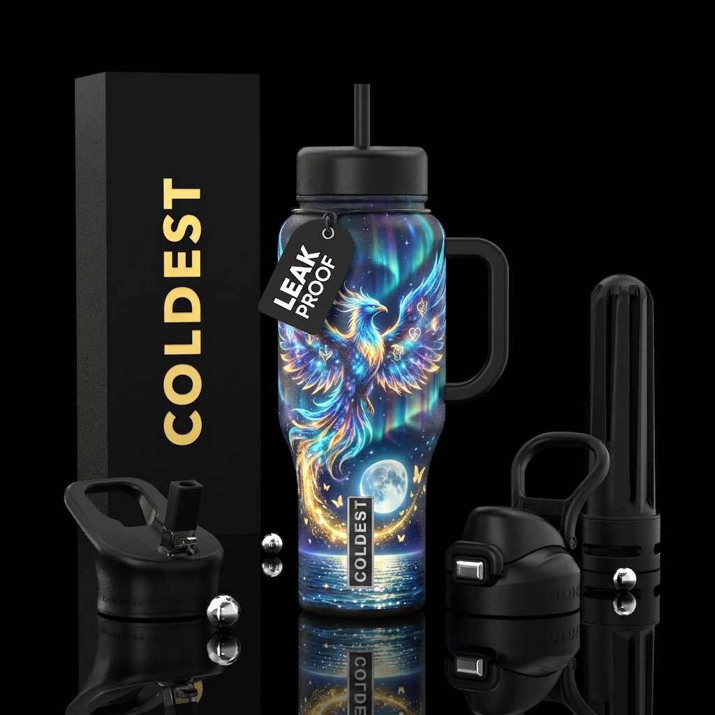 "A magnificent phoenix rising from glowing crystal... water bottle design