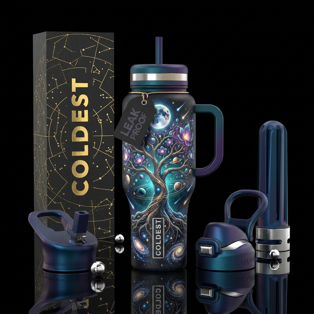 "A stunning cosmic tree growing from a floating cr... water bottle design