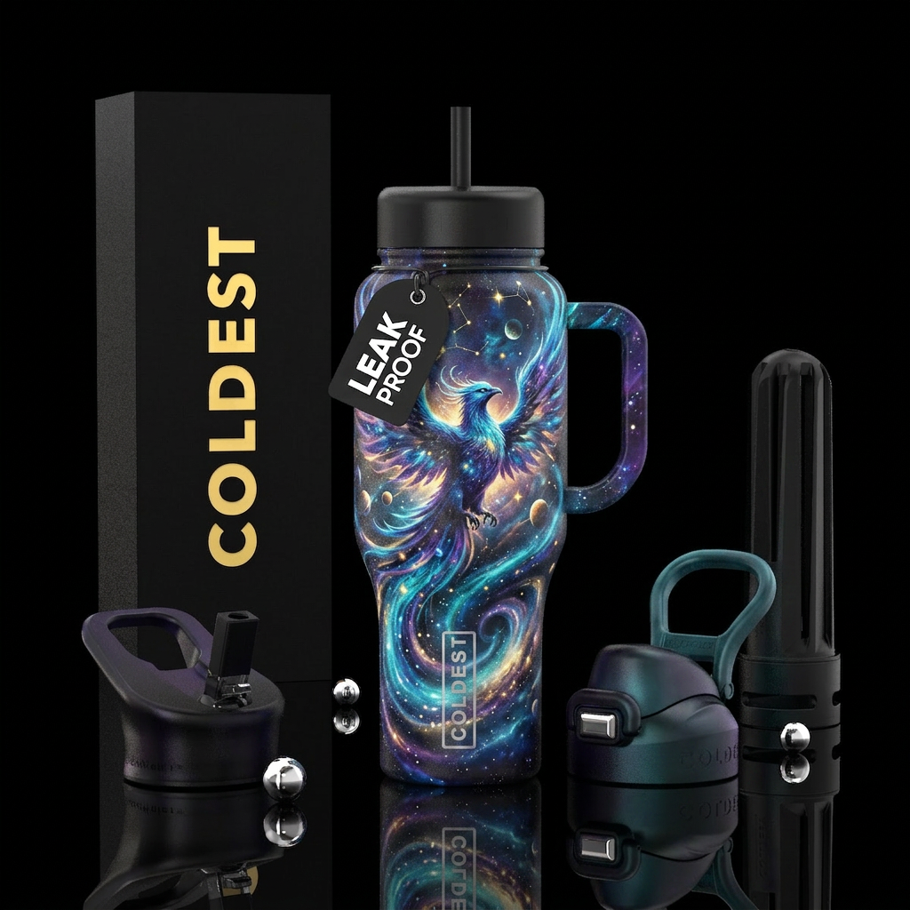 "A colossal cosmic phoenix emerging from the cente... water bottle design