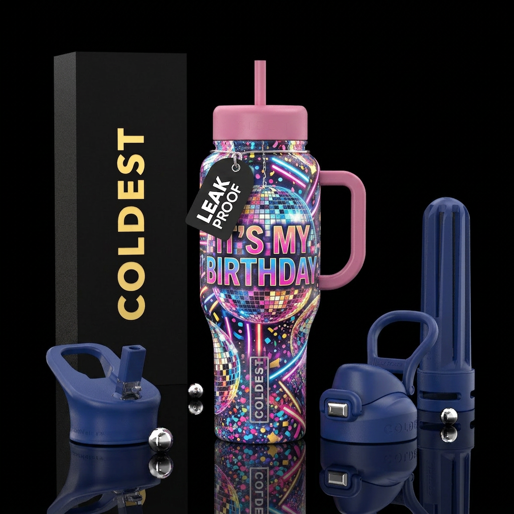 Glittering disco balls, neon birthday lights, colo... water bottle design