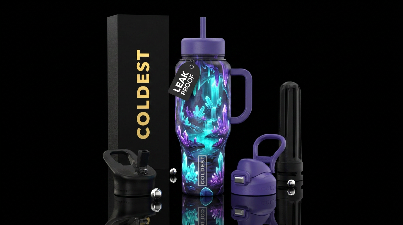 A crystal cave glowing with neon minerals and refl... water bottle design