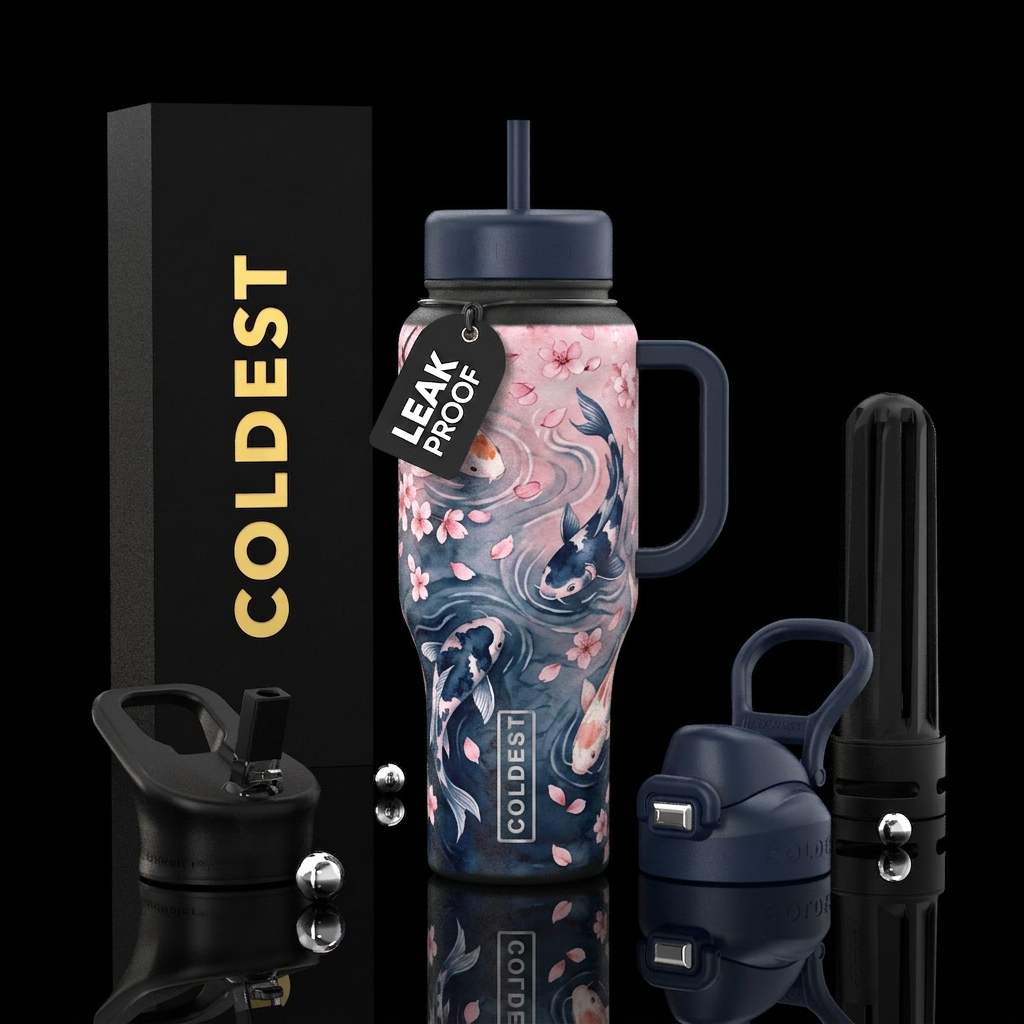 A serene koi fish pond scene with flowing water ri... water bottle design