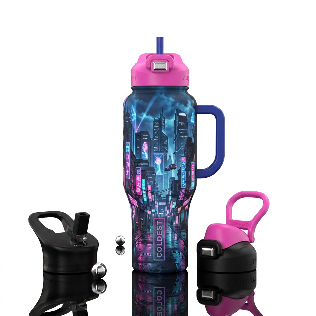 A Japanese cyberpunk city at night wrapping around... water bottle design