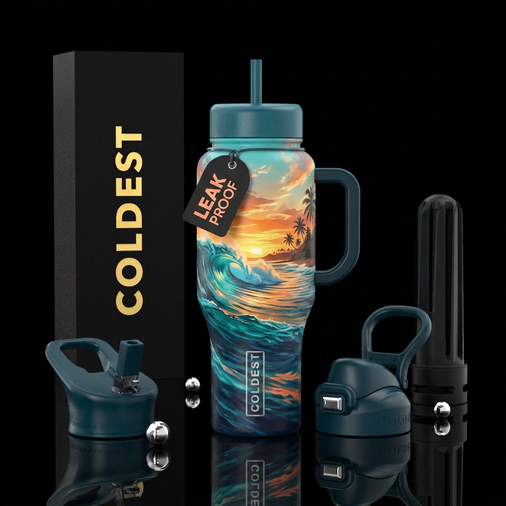 A tropical sunset wave scene with crashing translu... water bottle design