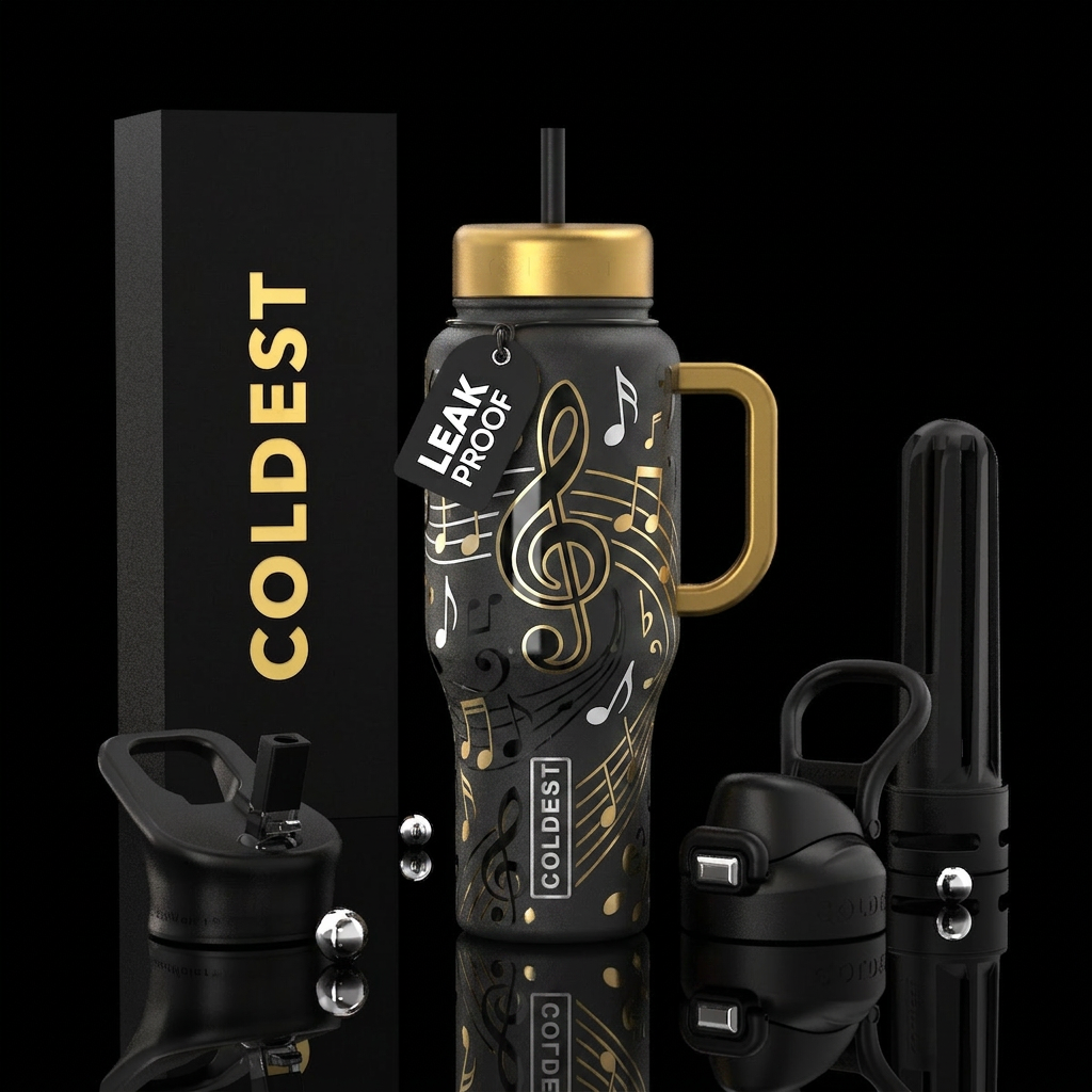 Music notes, black and white,  gold, water bottle design