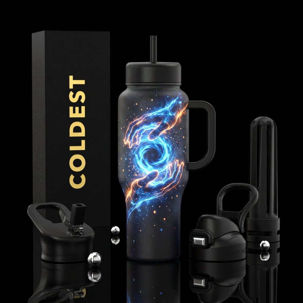 Two glowing hands reaching toward each other aroun... water bottle design