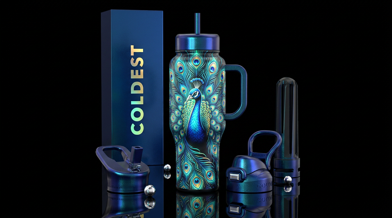 A peacock with its feathers fully spread, but the ... water bottle design