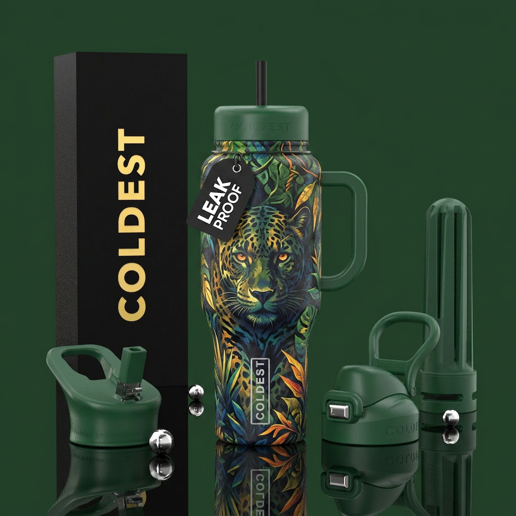 A camouflaged big cat made entirely of shifting pa... water bottle design