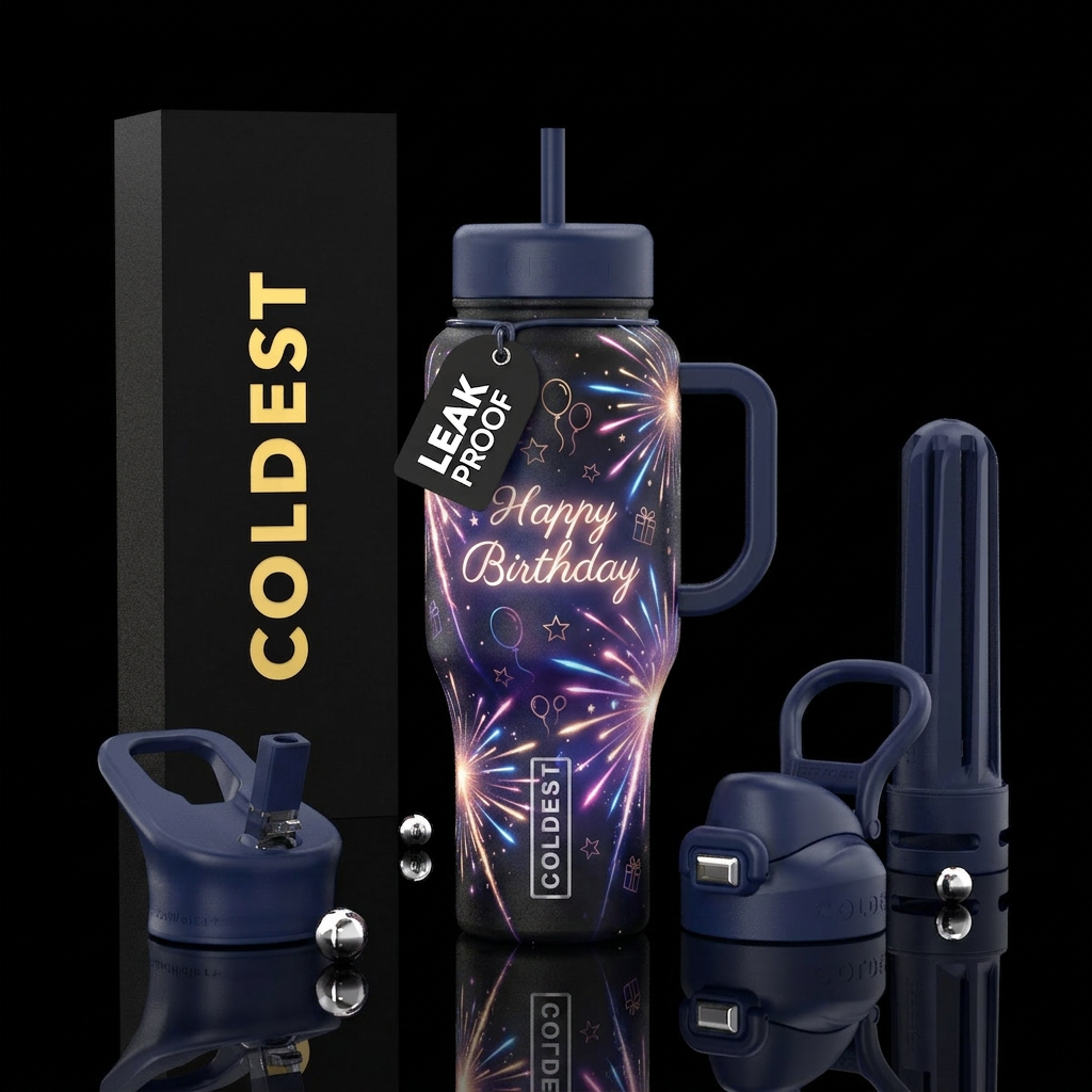 The background is a deep galaxy blend of black, na... water bottle design