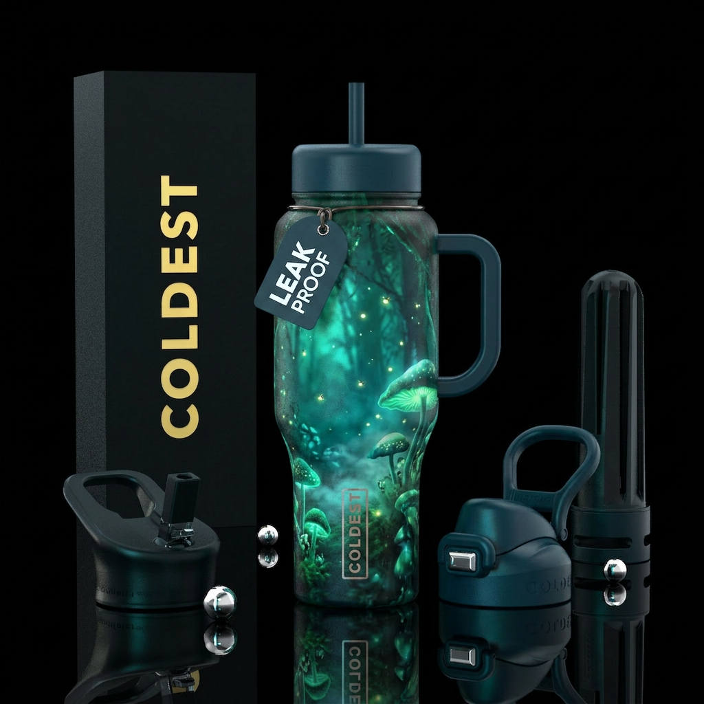 A mystical forest at night with glowing mushrooms,... water bottle design
