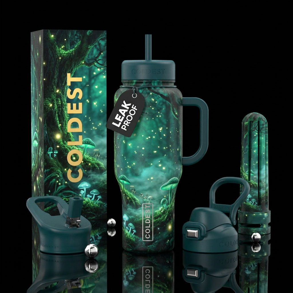 A mystical forest at night with glowing mushrooms,... water bottle design